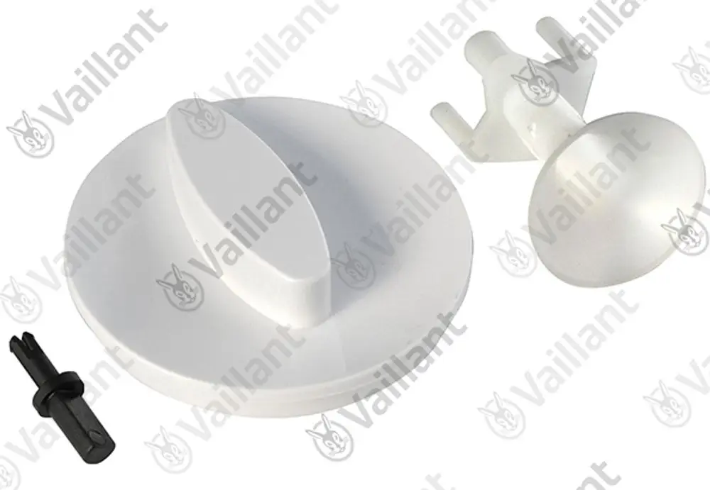 Vaillant Produktbestandteile: Eine weiße, runde Abdeckung und eine kleine, schwarze Halterung, die für eine technische Anwendung bestimmt sind.